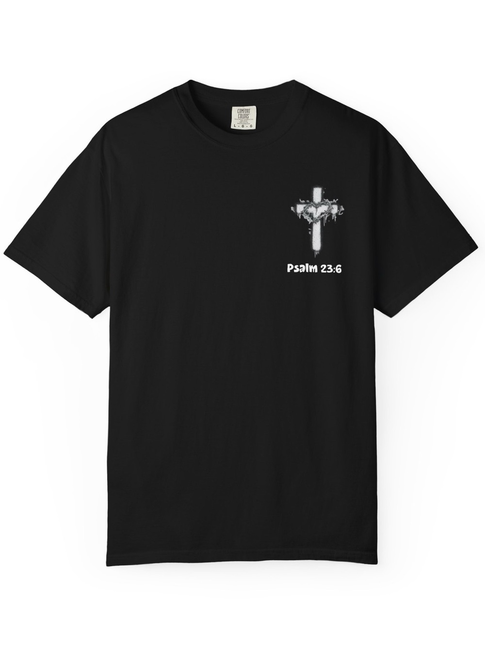 Gildan Black Short Sleeve Tee with White Cross Psalm 23:6 Graphic